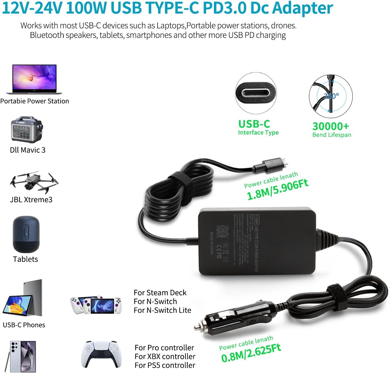 HSXIRQA 12V/24V 100W Car Laptop Charger USB C for Lenovo Thinkpad MacBook HP Dell Acer Asus,Google,MSI, LG, Samsung,Huawei,Surface pro 9 8, Razer, Chromebook, ROG Ally, Steam Deck All Type-C Devices - Image 5