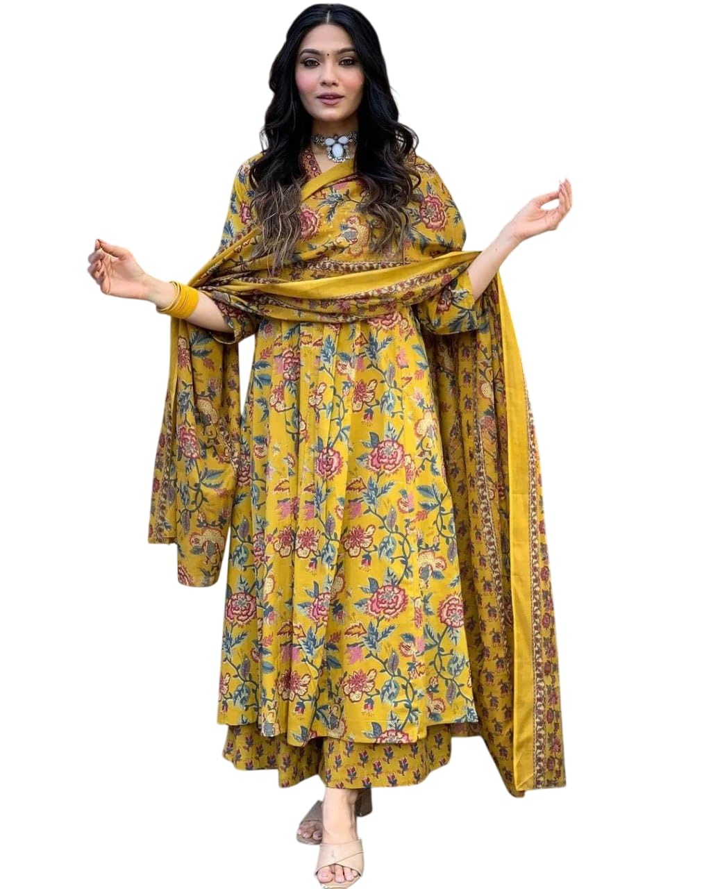 Women’s Printed Cotton Blend Kurta Set with Bottom & Dupatta | Three-Quarter Sleeve Ethnic Wear-picture-36
