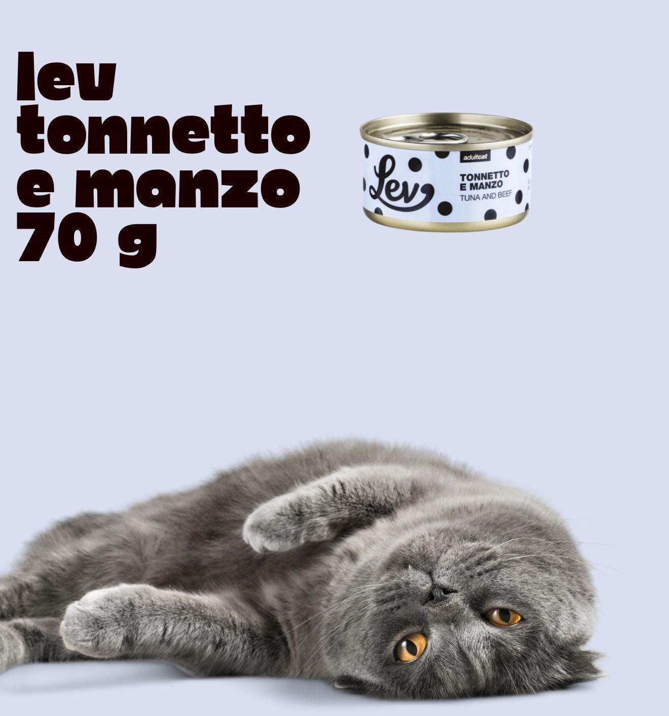 Lev - Peleles húmedos para gatos adultos de atún y ternera, alimento complementario para gatos adultos de todas las tallas y razas, sabor atún y carne de vacuno | 12 latas de 70 gramos cada una.