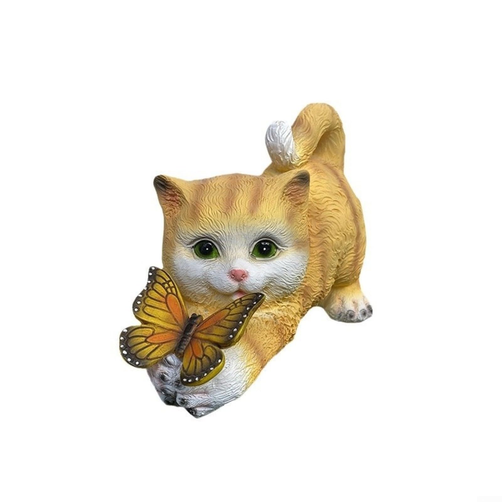 Fauhapyway Statua a forma di gatto in resina a energia solare, con farfalla, si accende automaticamente, decorazione per esterni, per patio, cortile, giallo, grigio (gattino giallo)