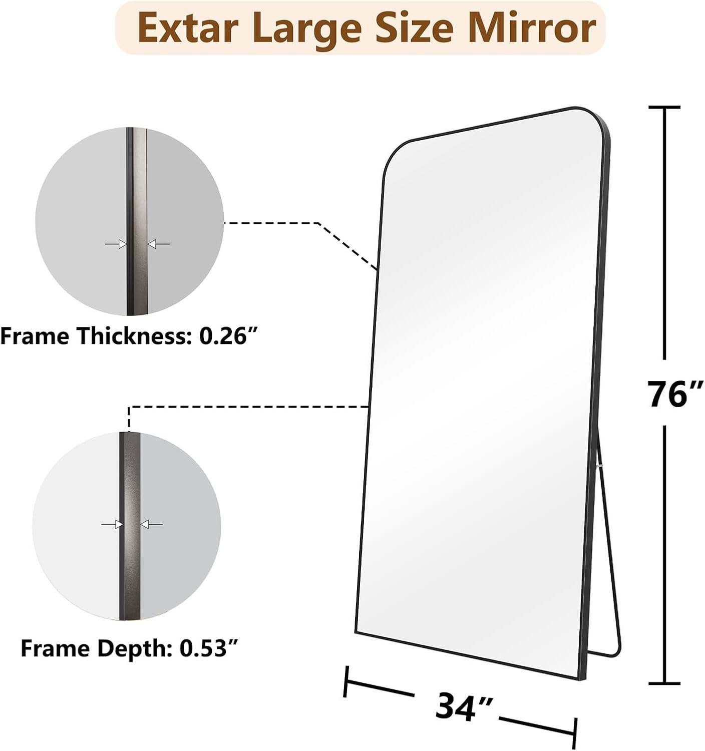 Koonmi Full Length Mirror, 76"x34" Mirror Full Length with Stand, Black Domed Top Square-Edged Floor Mirror with Aluminum Alloy Frame for Bedroom Living Room - Image 7