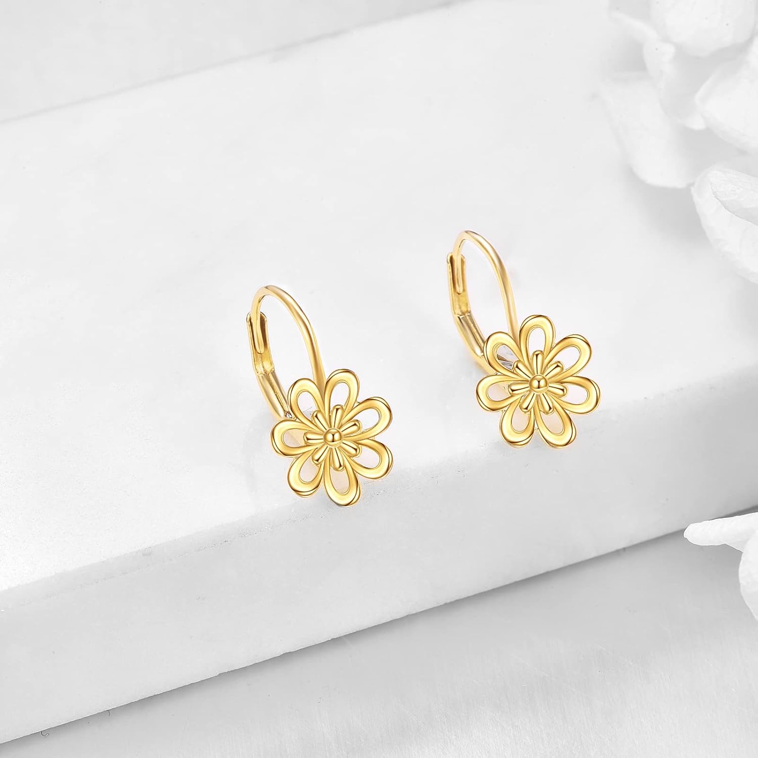 Daisy Earrings for Women 14K Yellow Gold Daisy Flower Leverback Dangle Hoop Earrings Jewelry Christmas Birthday Gifts for Teens Girls - Image 3