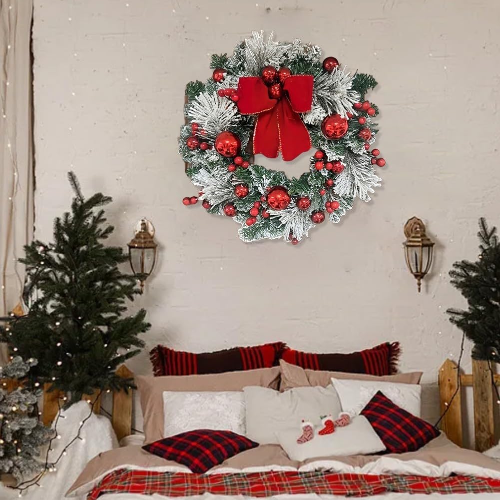 Corona de Navidad artificial de 16 pulgadas, guirnalda colgante resistente al fuego con 20 luces LED alimentadas por batería para decoración de puerta y pared (rojo blanco)