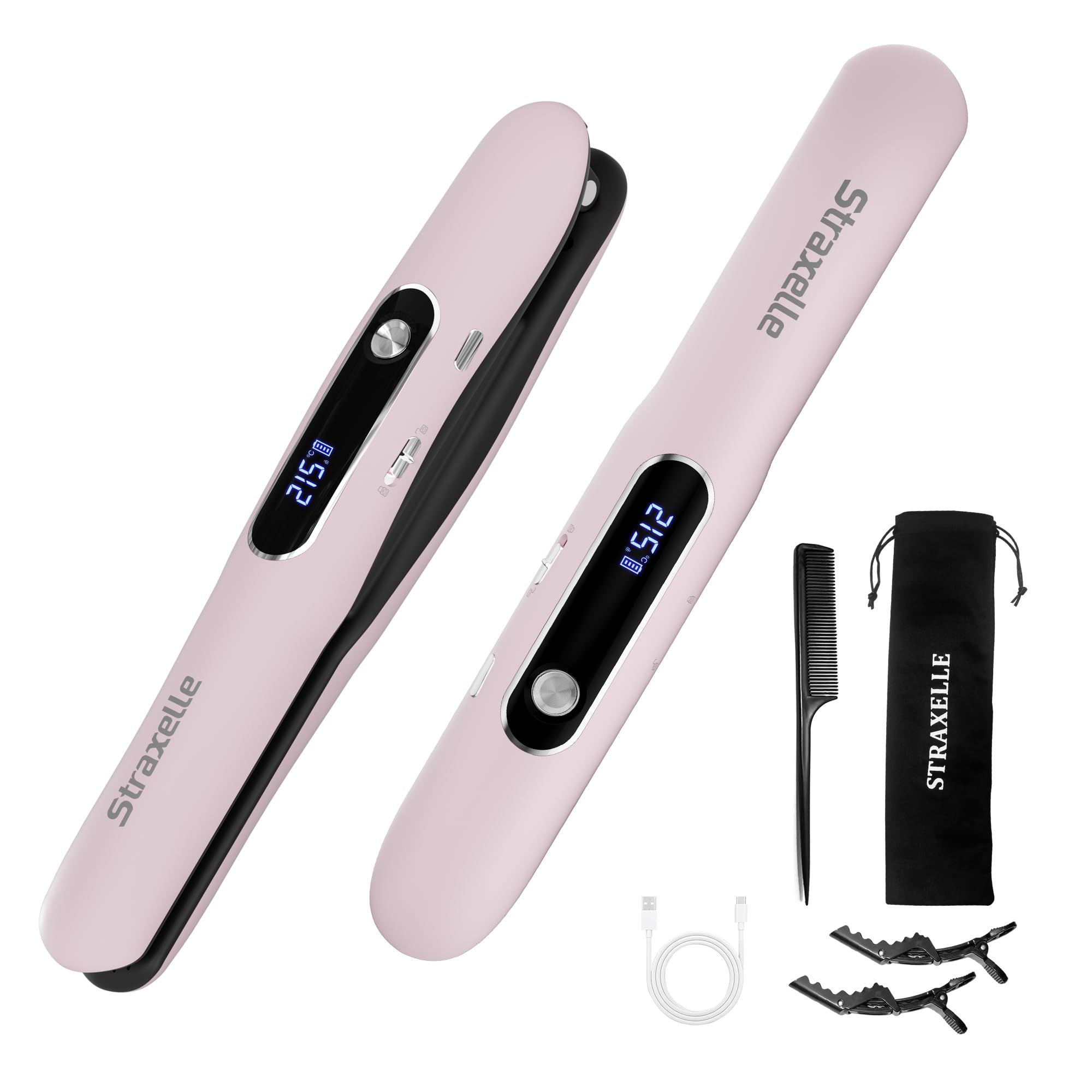 2 in 1 Mini Raddrizzatore Senza Fili e Ricciolo per Capelli, 175℃-215℃ Portatile Piastra per Capelli Senza Fili, 5000mAh Piastra Capelli da Viaggio con Display LED für alle Haartypen(Rosa)