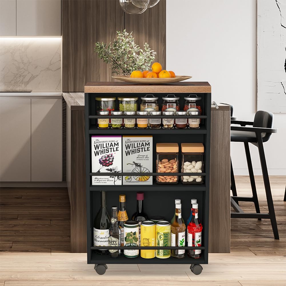 Shally Dogan Carrello Portaoggetti da Cucina Slim Design Industrial, Carrellino Multiuso Salvaspazio Nero con 4 Ripiani e Ruote Mobili a 360°, Scaffalatura Portatutto 50 x 16 x 80 cm (Nero)