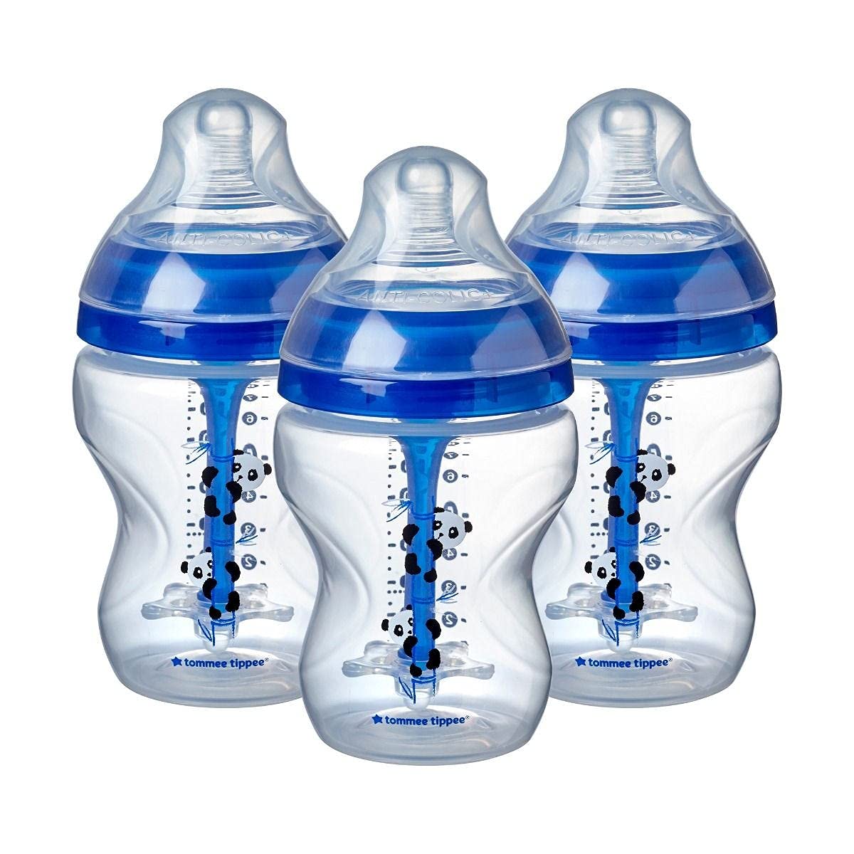 Tommee Tippee Biberon Anti-Colique Avancé, Tétine Souple, 0+ Mois, 260ml, Lot de 3, Garçon, Pippo le Panda