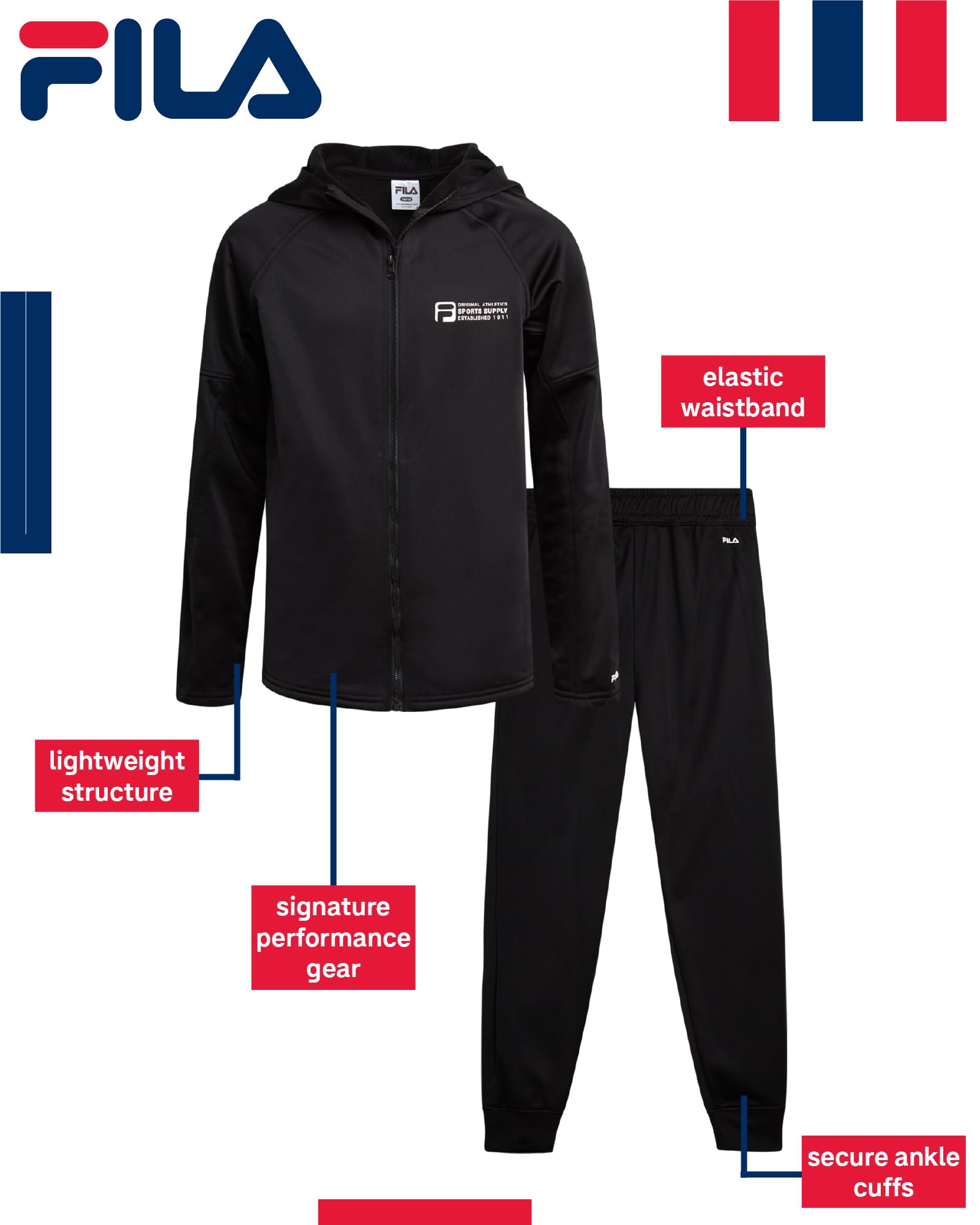 Fila Survêtement pour garçon - 2 pièces Athletic Performance Tricot Full Zip Track Jacket et Ensemble de vêtements de sport pour garçons (Taille : 36-40)