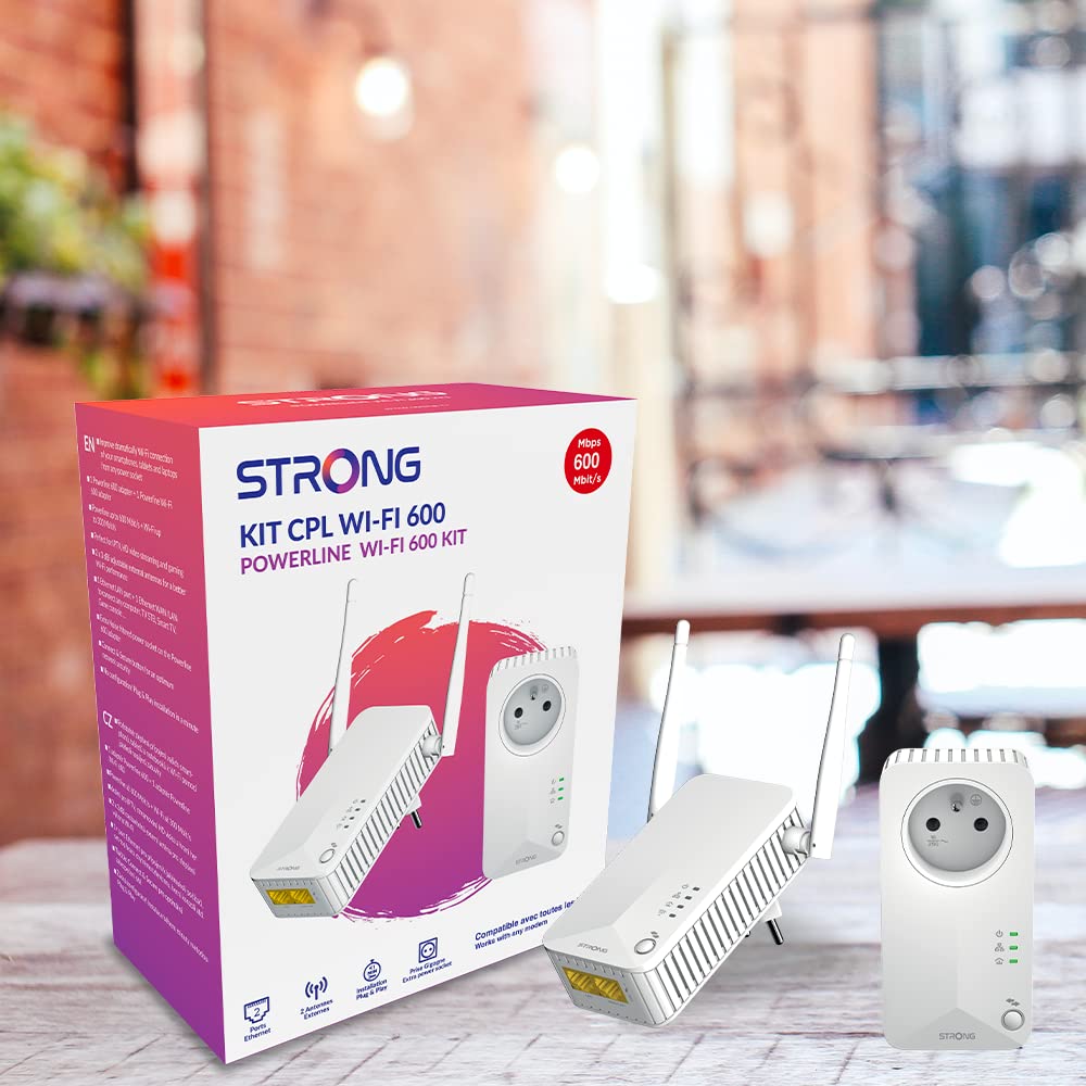 STRONG AV600 Adaptador Powerline Set con Enchufe, PLC HomePlug AV2, Plug & Play, Enchufe Integrado, Modo de Ahorro de Energía, Puertos LAN 100 Mbit/s, Internet por Red Electrica, Crema