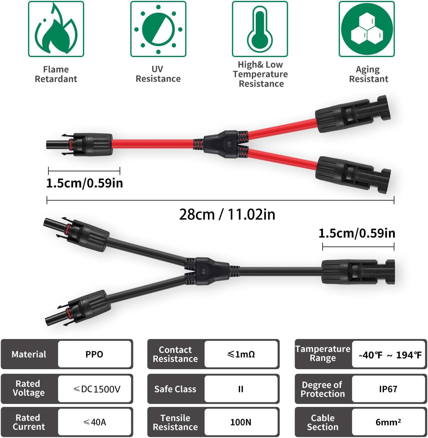 GTIWUNG 2 pary kabli solarnych, rozdzielacz Y, kabel do paneli słonecznych MMF+FFM do równoległego przyłącza fotowoltaicznego, wtyczka do panelu słonecznego, wtyczka kablowa 10 AWG, złącze
