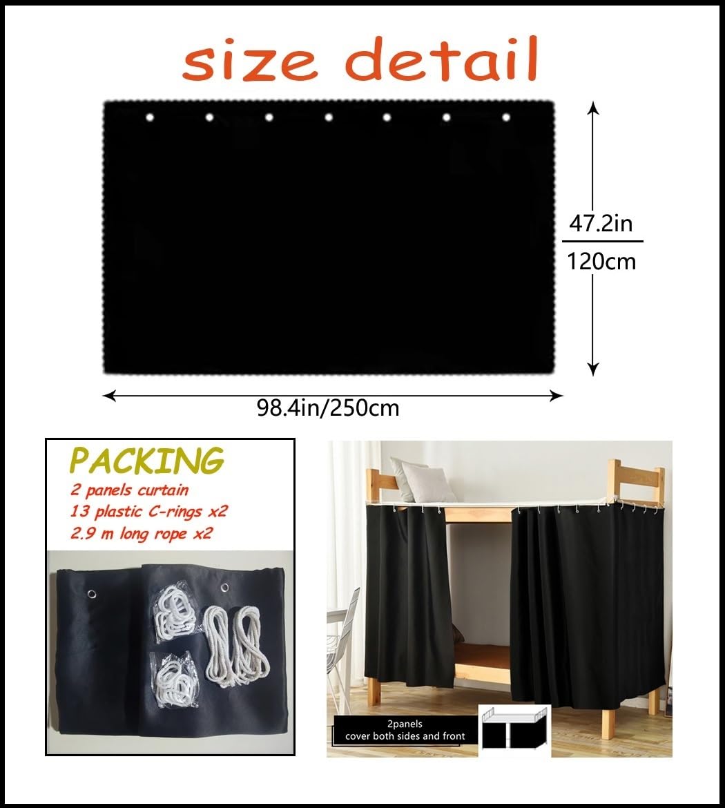 Teanea Full Size Bunk Bed Blackout Curtains Heavy-Duty for Bottom Men Women Teens, Black, 2 Panels, 47.2in Height
