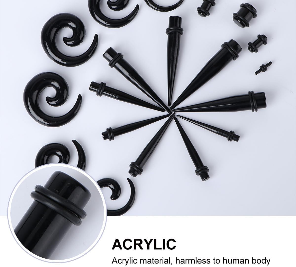 GLEAVI 54pcs Acrylic Ear Stretchers Snail Shape Ear Expansion Tools Black Auricle Kit for Body Piercing Jewelry Gauge Tapers for Women and Men