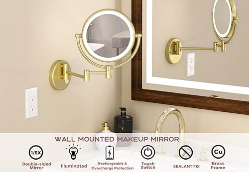 Miniatura 9 de RECKODOR Espejo de maquillaje recargable para baño con aumento 1X5X con luz, brazo extendido, rotación de 360 grados de 8 pulgadas, sin alambre