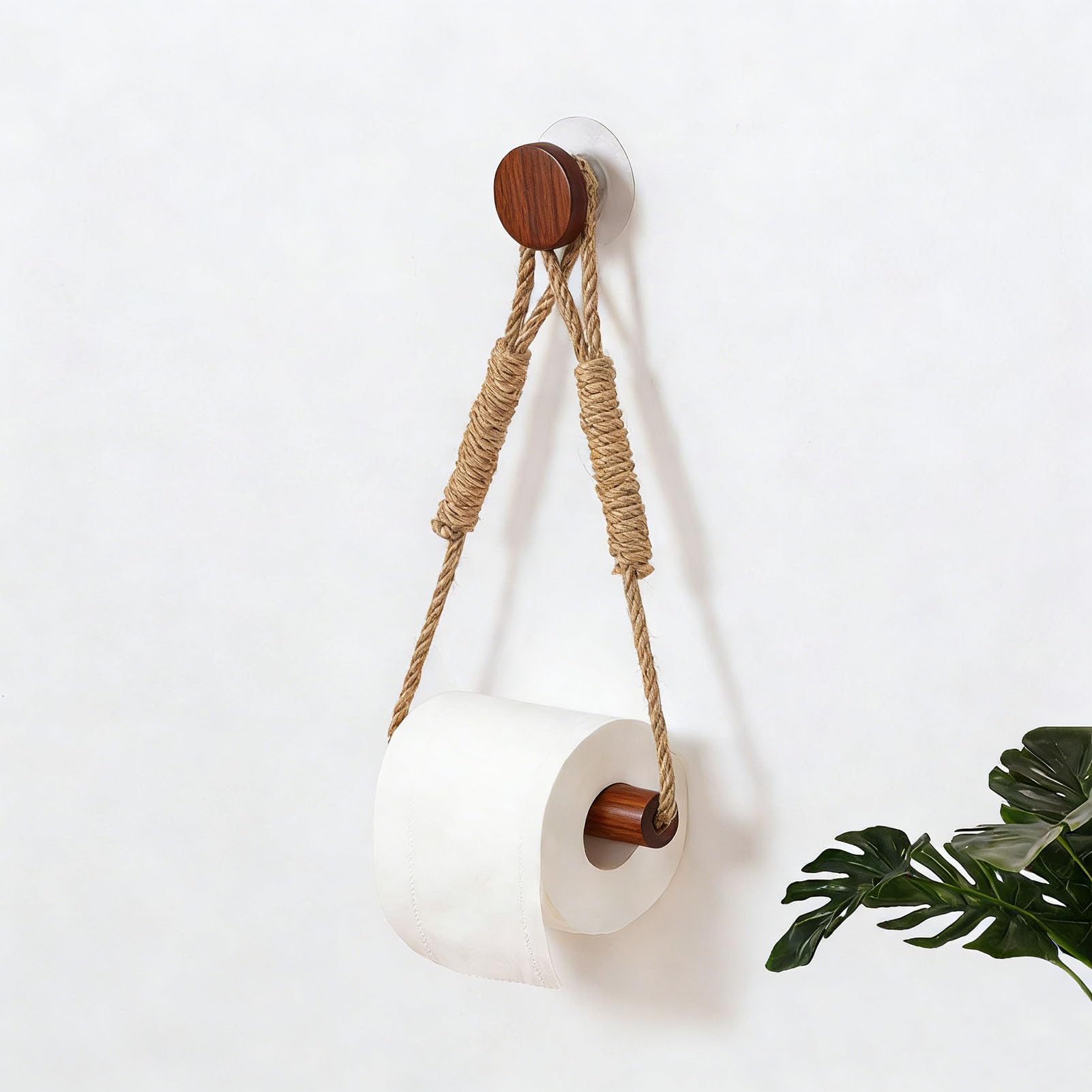 Wood & Rope Wall Toilet Paper Holder, Rustic Tissue Rolls Paper Holder Wall Mounted, Nautical Rattan Bathroom Accessories with Self-Adhesive Seamless Screw — Amazon image 8