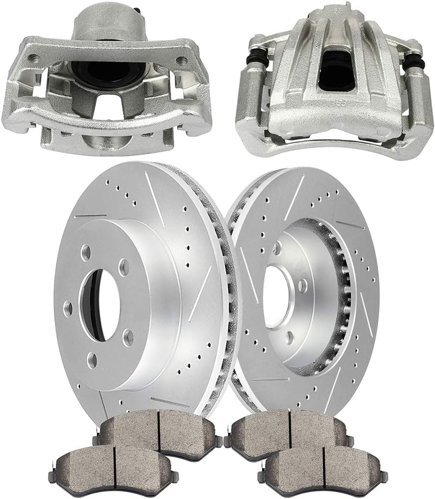 INEEDUP Front Left & Right Disc Brake Kit - 11.35"" Drilled & Slotted Brake Rotors and Calipers with Bracket and Ceramic Pads For Jeep Liberty 2002-2007 (8PCS), 835562-5208-1005387593