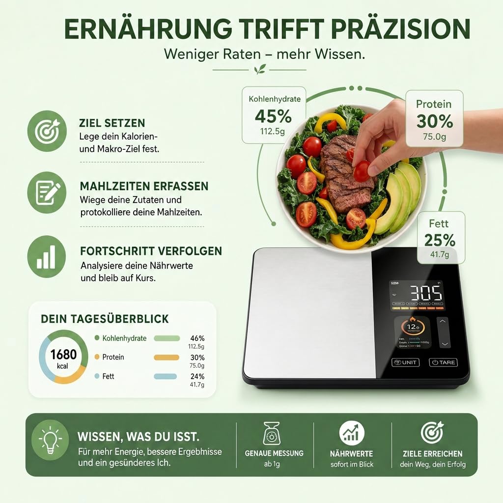 Bilancia da cucina digitale con contatore di calorie e calcolo dei valori