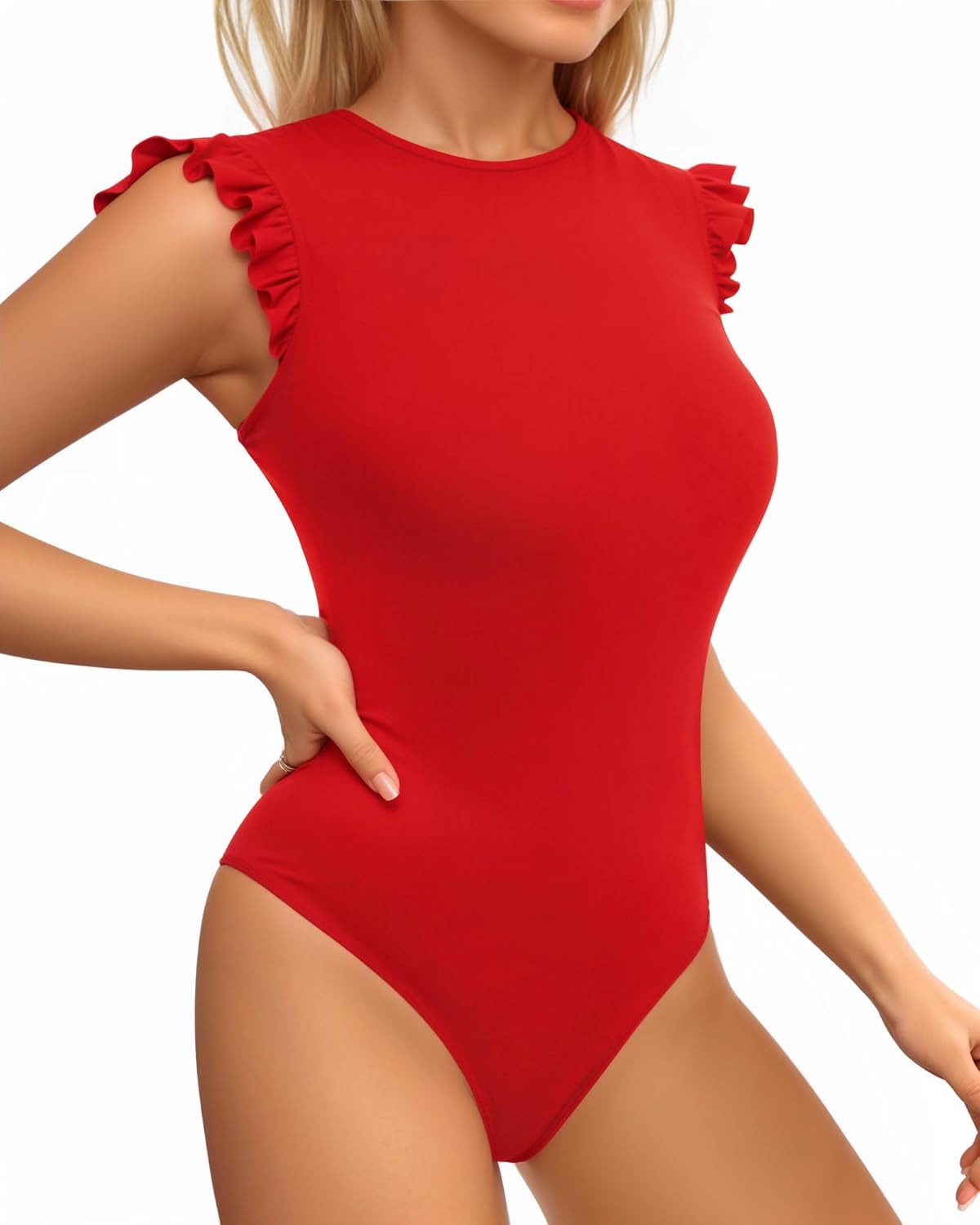 MANGOPOP Women's Body Suits Cute Crew Neck Ruffle Sleeveless Slim Fit Bodysuit Tank Tops Tight Casual Sexy - Image 2