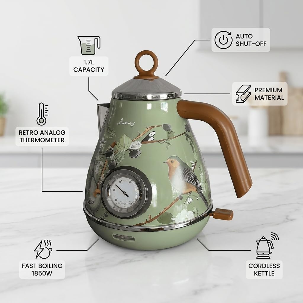 Flower Painted Electric Kettle 1.7L, electric kettle Retro Style Water Heater with Analog Dial Thermometer, Fast Boiling 1850W Cordless Kettle for Home Office kettle electric tempe