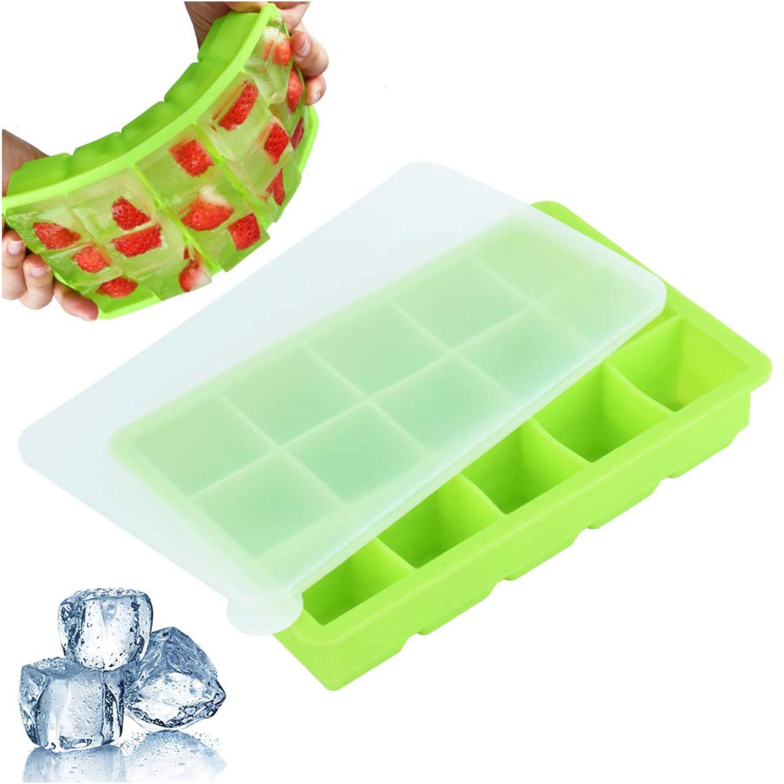Ice Cube Trays, Easy-Release Flexible Ice Cube Tray,15 Cubes Per Tray Bestwith Removable Lid for Cocktail, Whiskey, Chocolate,Green,2pcs