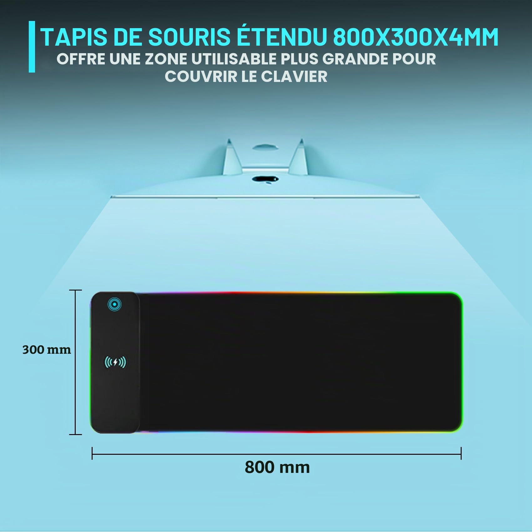 Tapis de Souris de Jeu RGB avec Charge sans Fil 15W, 14 Modes d'éclairage LED, Taille XXL 800x300x4mm, Base en Caoutchouc antidérapante pour Gaming, MacBook, PC