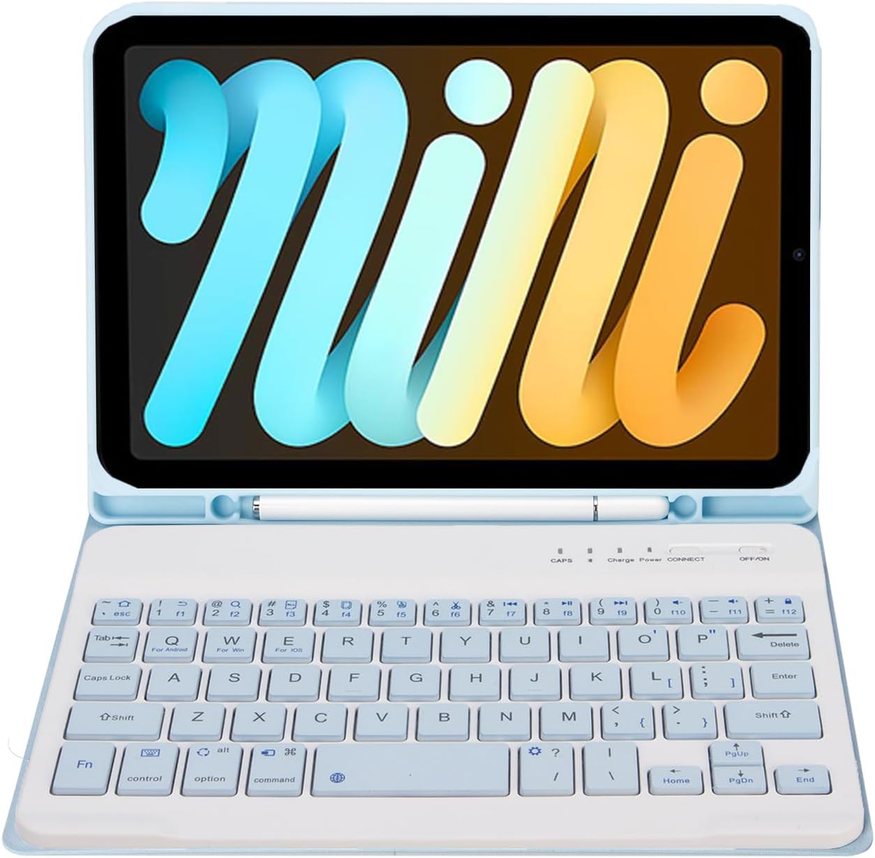 Binguowang Slim Smart Keyboard Case for iPad mini 7th (A17 Pro) 2024 / iPad mini 6th 8.3 Inch [Support 3 System] with Magnetically Detachable Wireless Keyboard Cover with Pencil Holder (Ice Blue)