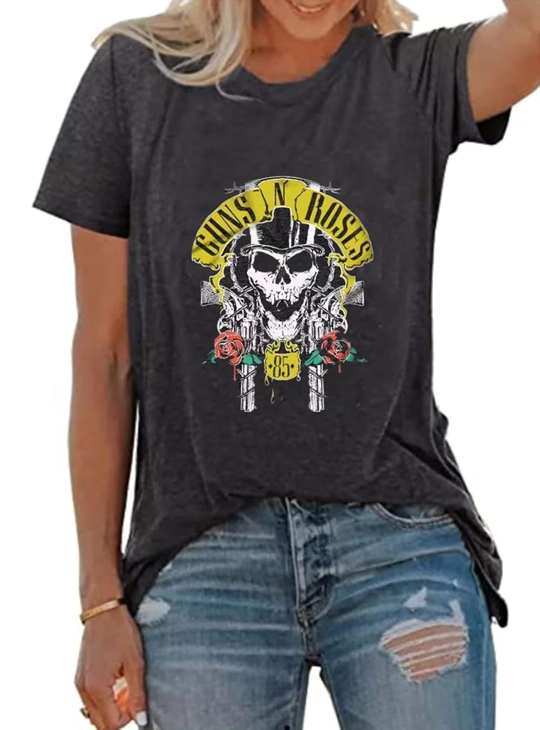 TIQIEYALGuns N' Roses T Shirt Women Vintage Skeleton Graphic Rock Music Shirt Casual Country Music Short Sleeve Tees Tops