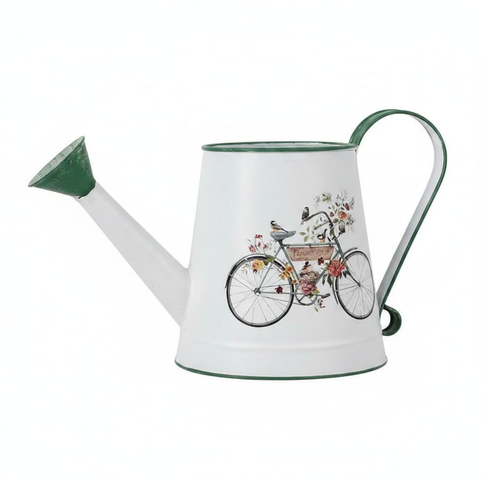 Arrosoir Métal Arrosoir Jardin Arrosoir Intérieur Arrosoir Balcon Verseuse Précision Arrosage Délicat Métal Capacité, Blanc, Vélo Fleuri avec Bordure Et Poignée Verte
