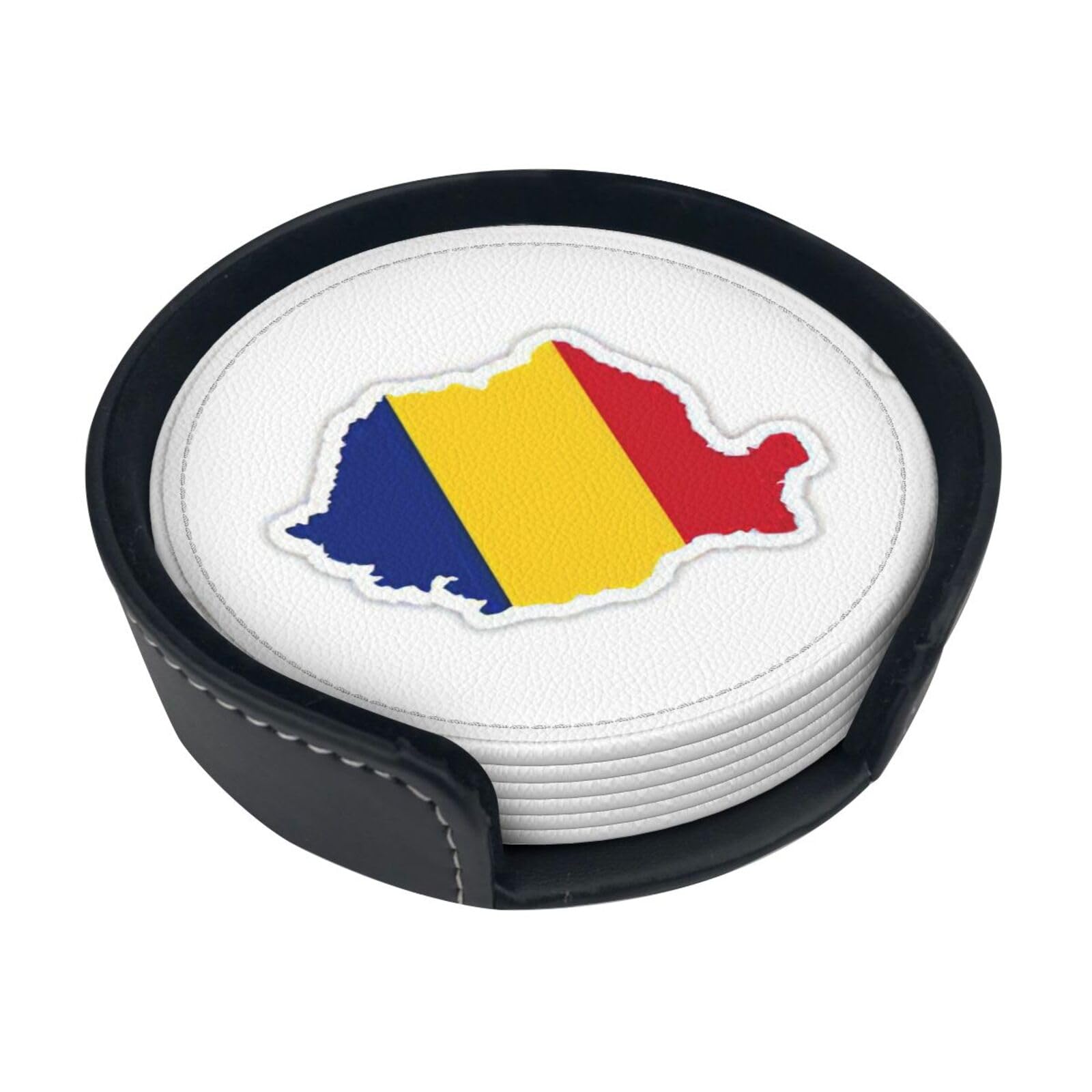 Romania Flag Map Print 6 Pcs PU Coasters Set for Drinks,Home Decor Housewarming and White Elephant Gifts Ideas