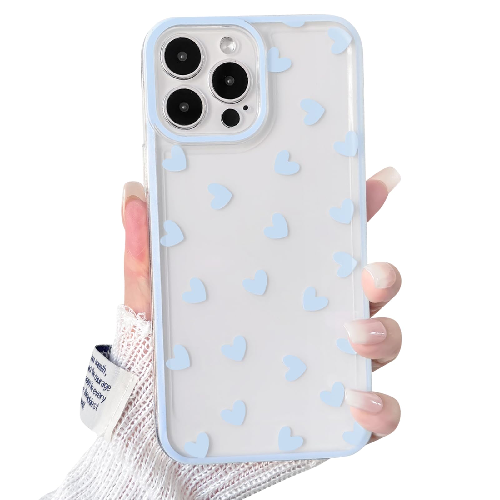 NITITOP Compatible with iPhone 15 Pro Case Cute Clear Blue Durable Love Heart Pattern for Girls Women Soft TPU Transparent Colourful Frame Full Camera