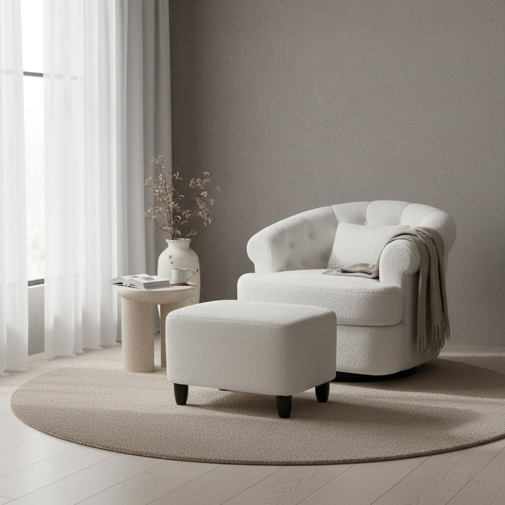 Barrel Swivel Accent Chair - Modern Comfy Boucle Armchair with Ottoman, Round Upholstered Sofa Lounge Chairs Set for Living Room, Bedroom, Reading Corner, Small Spaces (Beige)