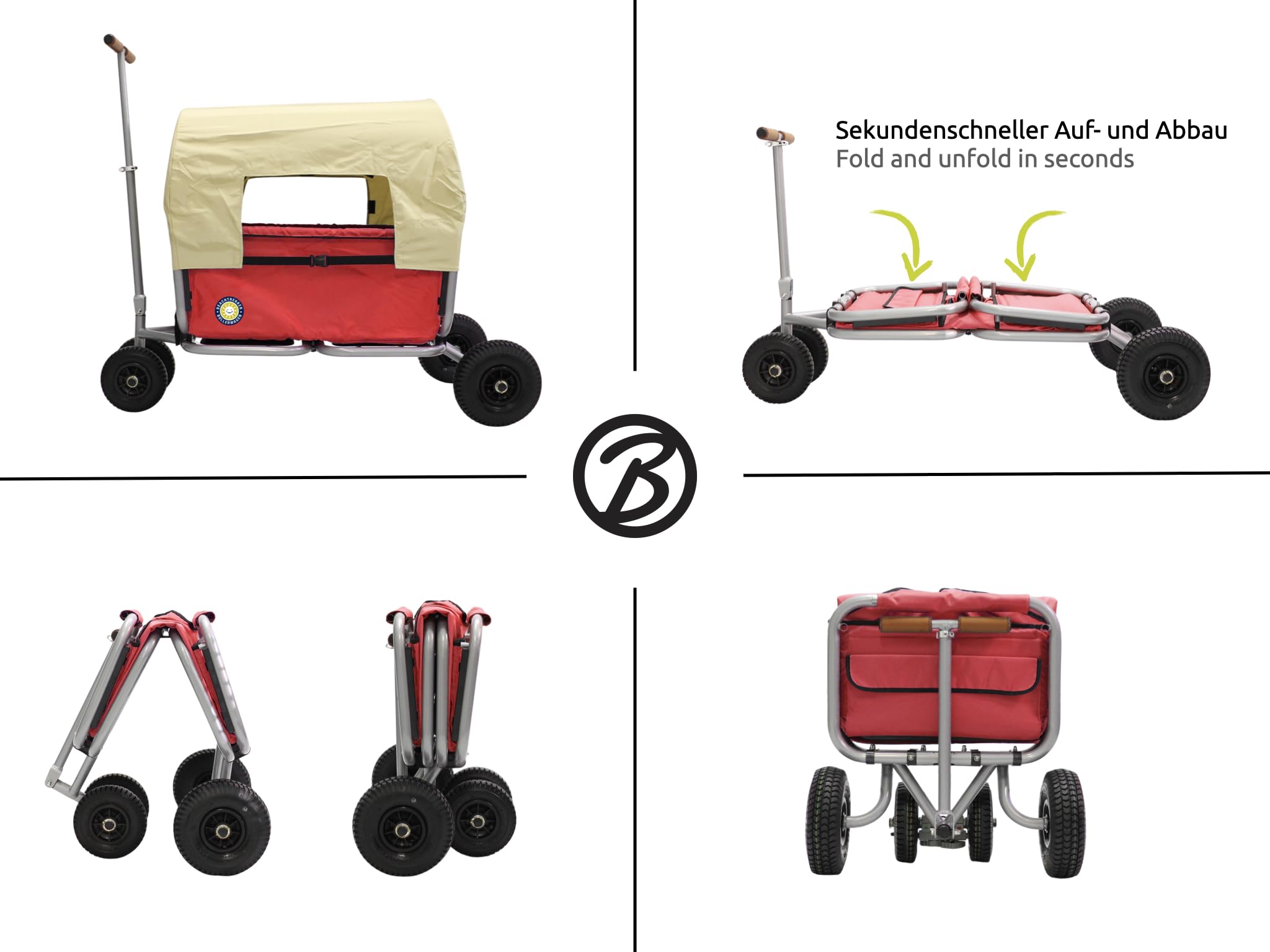 Beachtrekker Life składany wózek ręczny, hamulec postojowy, osłona przeciwsłoneczna (czerwony, Opony pneumatycznymi)