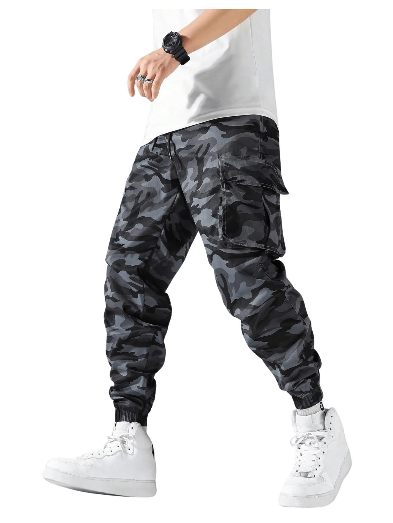 OYOANGLE Men's Camo Casual Joggers Pants Drawstring Waist Streetwear Tapered Pant with Pockets