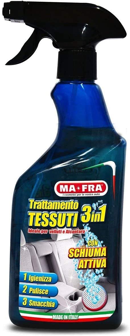 Ma-Fra Kit Trattamento Auto Interno ED Esterno. TRATTAMENTO 3IN1 TESSUTO- PLASTICHE- CAR WASH SHAMPOO E CERA, più 7 Panni Microfibra Multiuso 30x35 cm