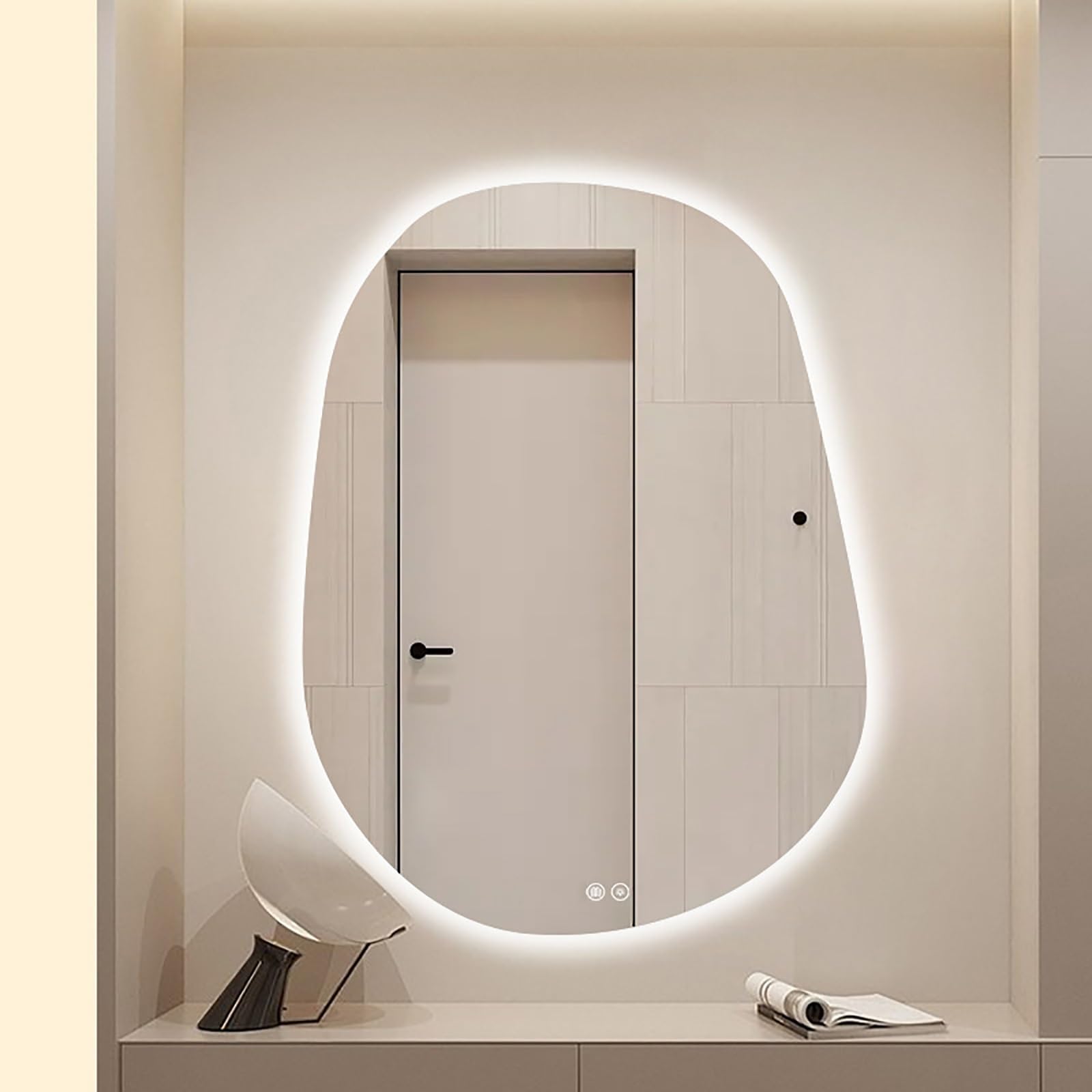 WJFTODAY Asymmetrical LED Backlit Bathroom Mirror, Wall-Mounted Vanity Mirror with Anti-Fog, Dimmable Lighting, Explosion-Proof Design (50x70cm/20x28in)