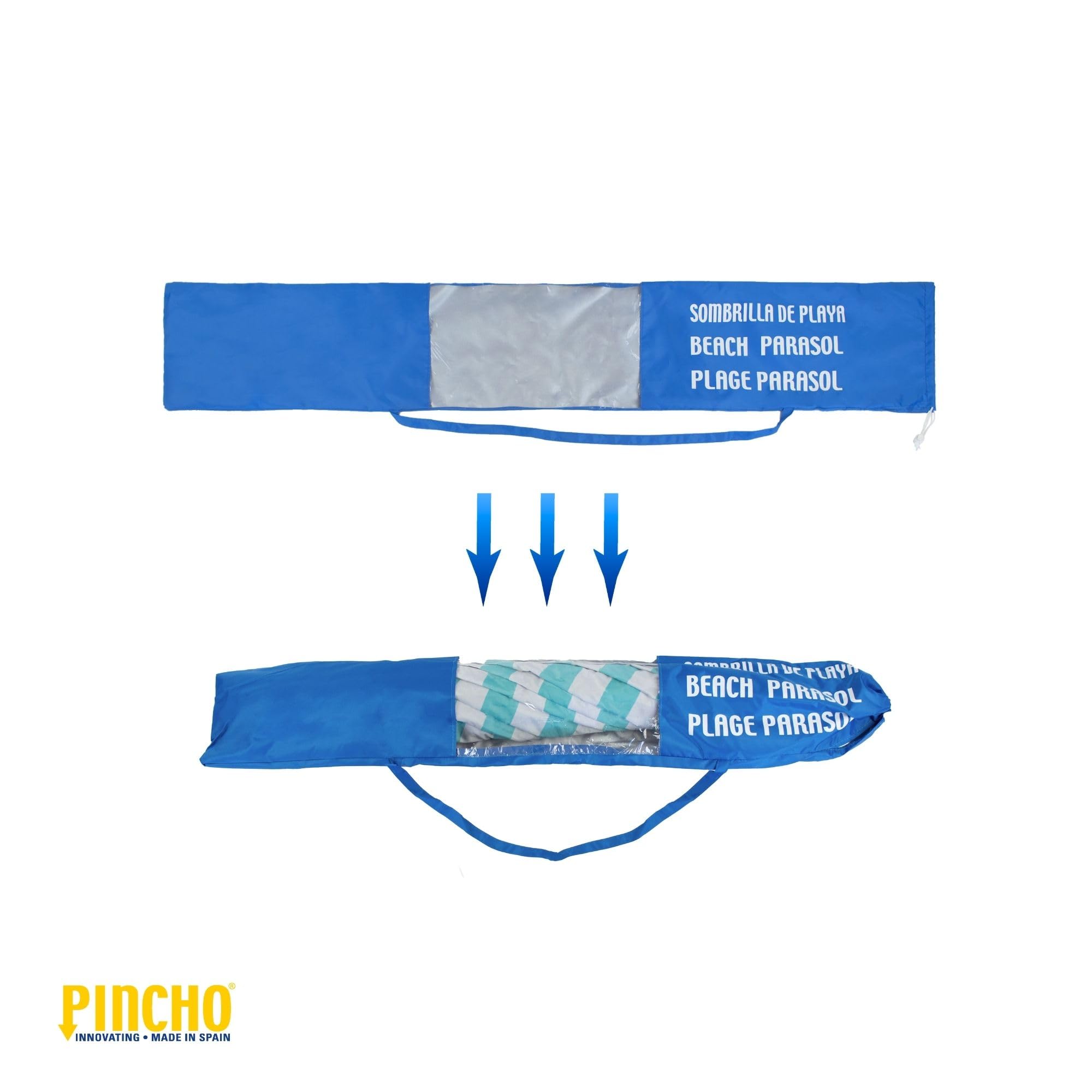 Fodero Ombrellone da Spiaggia - PINCHO - Sacca x Ombrellone, Porta Ombrellone da Spiaggia, Borsa Trasporto Resistente Impermeabile con Manico e Finestra Trasparente - Blu 117x25 cm, fino a 240 cm