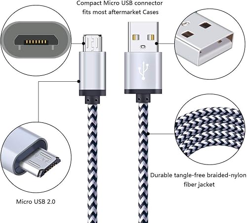Miniatura 4 de FiveBox Cable de carga micro USB, paquete de 5 cables micro USB de 6 pies, cable trenzado de carga rápida para Samsung Galaxy J3 J7 S6 S7 Edge,
