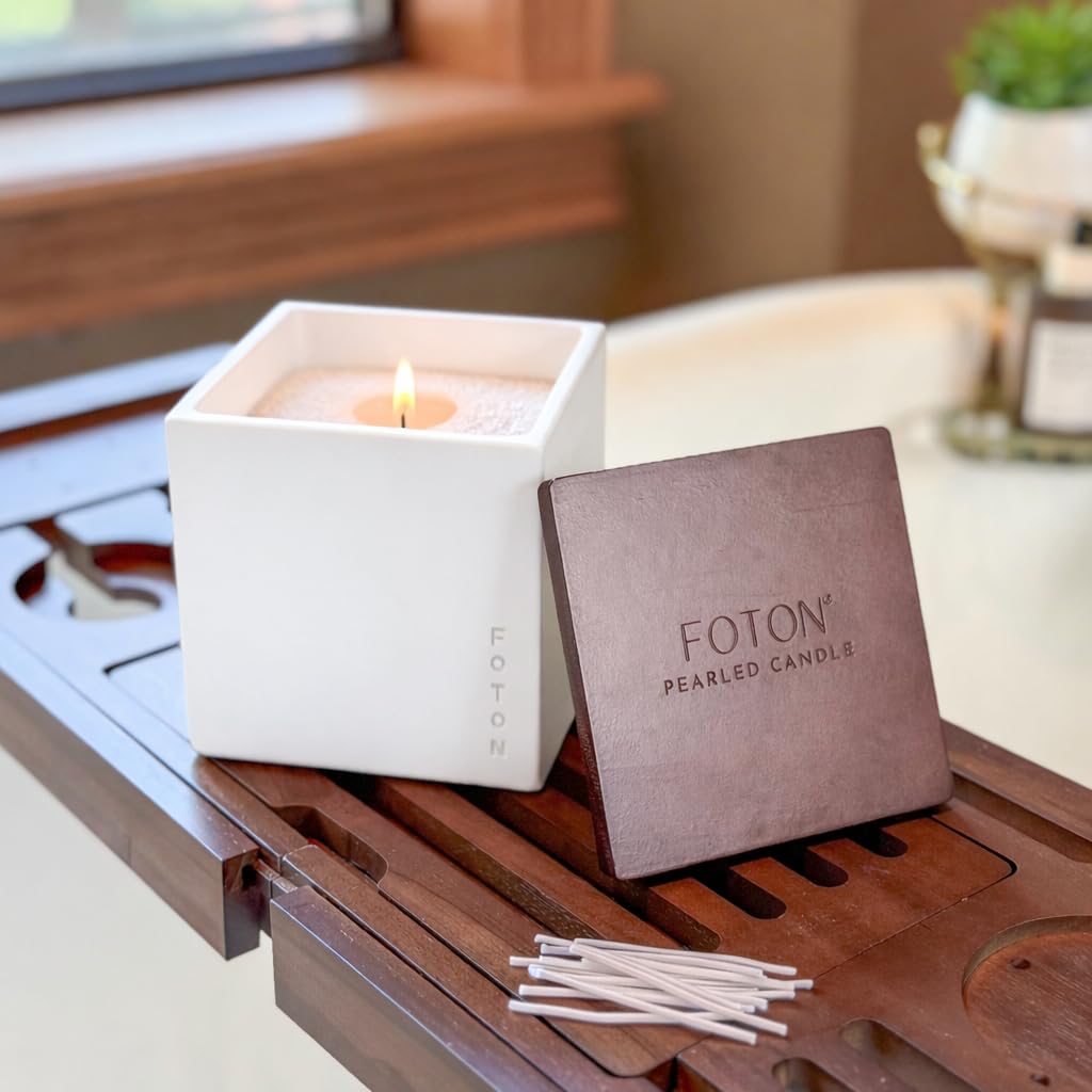 Foton Pearled Candle Le Cube - Set di vasi quadrati in cemento da 473,6 g, profumati agli agrumi, ricaricabile, candela profumata alla sabbia con 15 stoppini, candele decorative naturali atossiche per