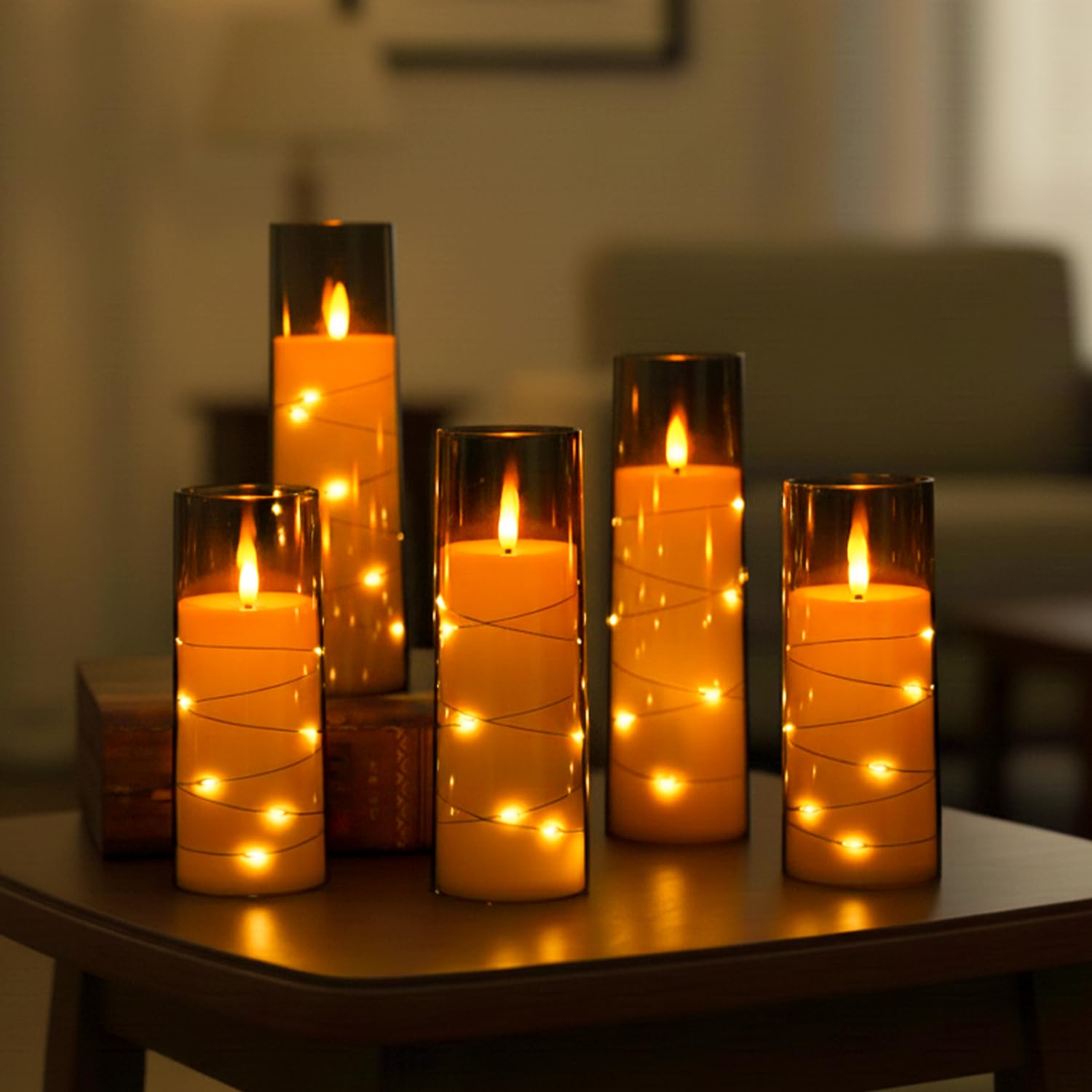Amazon Basics LED Flameless Candles with String Light Effect Set of 5 (2 Pcs of 5.5x14 cm , 5.5x16, 5.5x18cm, 5.5x20 CM), Grey Acrylic material, Ivory Pillars, Steady Warm Light, Remote & Timer, Battery Operated Indoor Decor-image-46