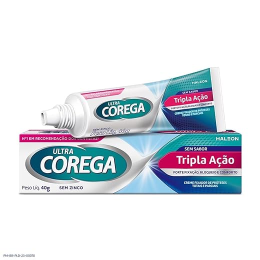 Corega Ultra Creme Fixador de Dentadura e Próteses Tripla Ação, Forte Fixação por até 12h, Sem Sabor, 40g