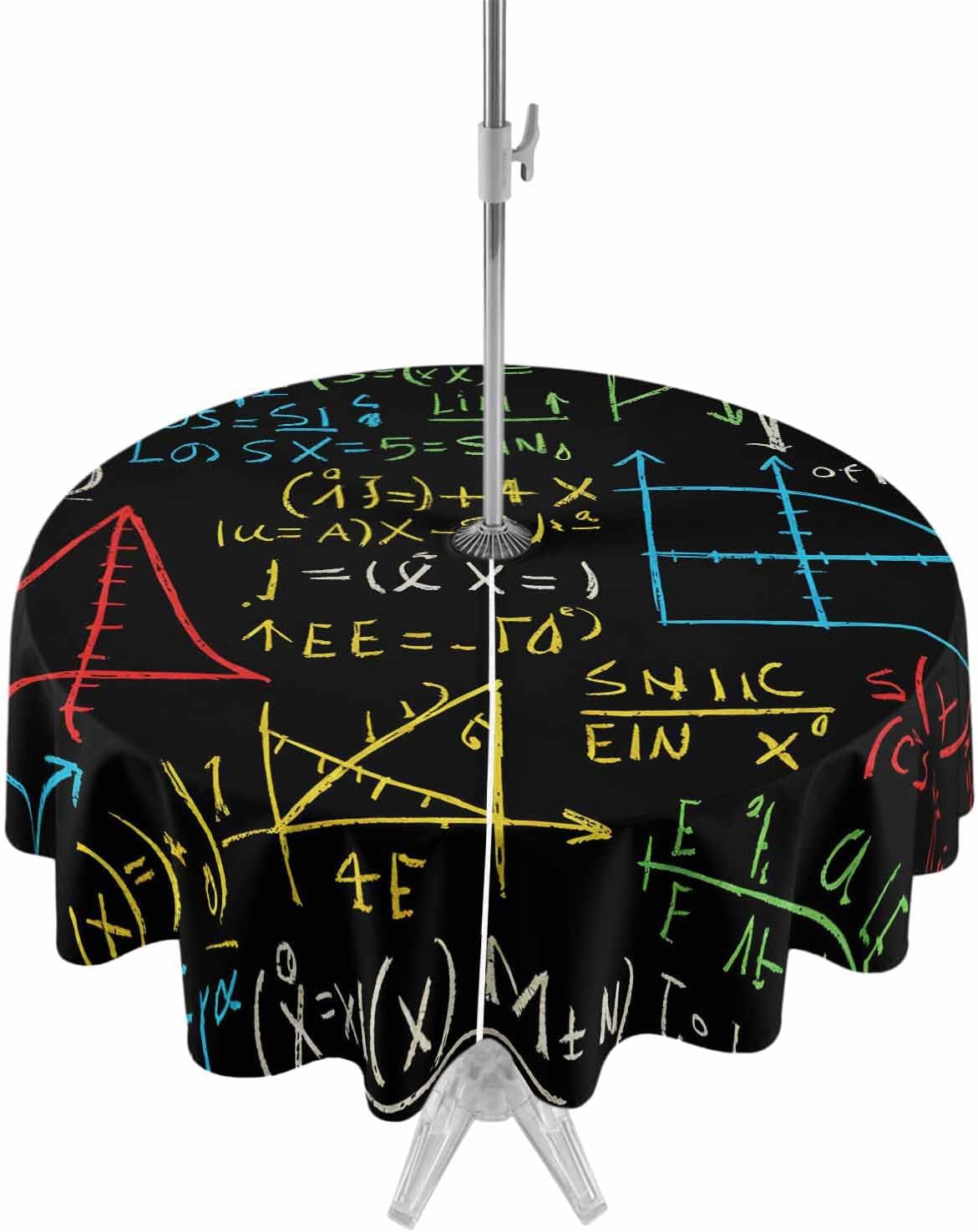 Outdoor Tablecloth with Umbrella Hole, Math Formula Geometric Round Table Cloths 60 Inch, Modern Art Black Yellow Waterproof Table Cloth, Dining Table Cover for Patio/Party/Picnic