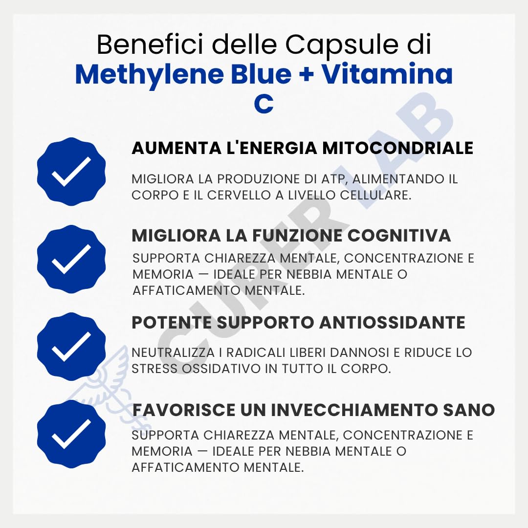 Methylene Blue USP Grade 10 mg | 90 Capsule | Purezza Ultra Alta | Qualità Farmaceutica 99,99 % – Testato da Terzi | Senza Formaldeide | Con Vitamina C | Made in Europe