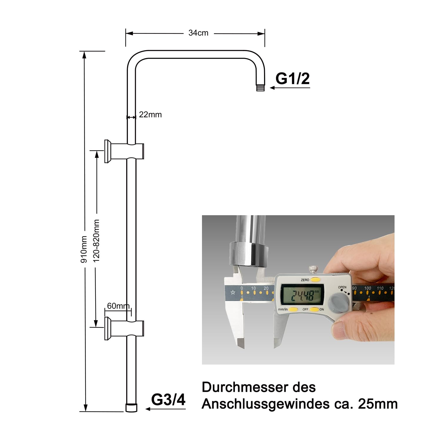 JOHO Colonna Doccia Acciaio Inox senza Miscelatore, Accessorio per Sistema Doccia, Compatibile con Fori Esistenti, Asta Doccia Saliscendi 91 cm, Cromo