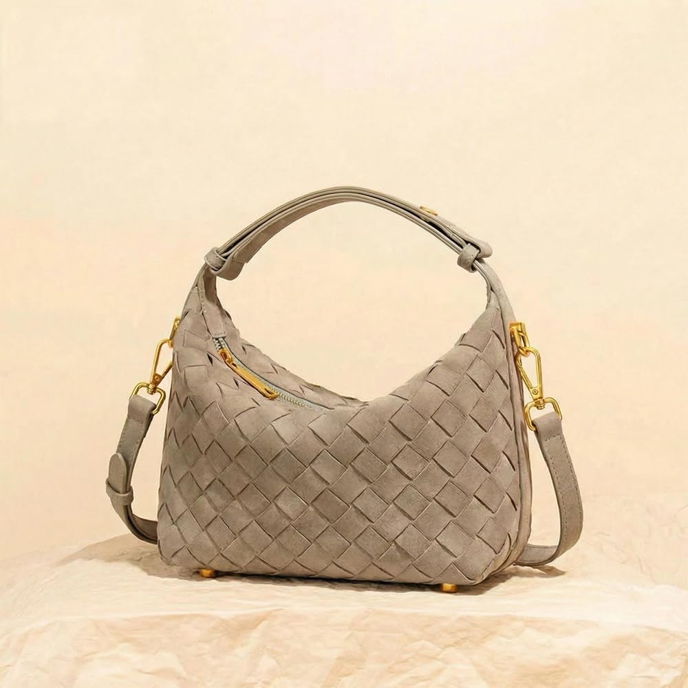 Woven Suede Hobo Bag for Women Mini Braided Purse Crossbody Handbag Slouch Top-Handle Shoulder Bags