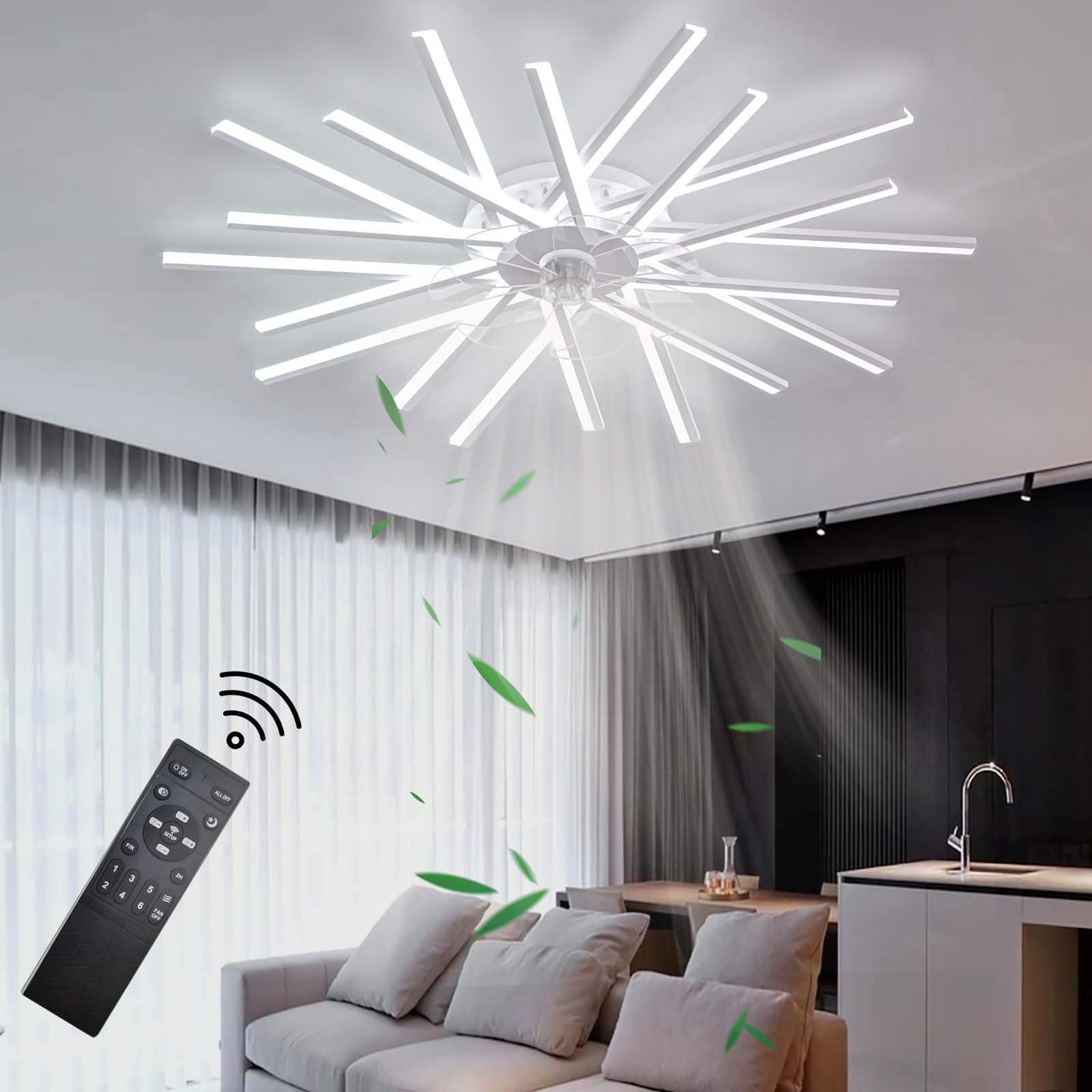 Smart Deckenventilator Mit Beleuchtung Reversible Dc Motor Modern Dimmable Ventilator Lampe Großerdeckenleuchte Mit Ventilator Groß Für Schlafzimmer Wohnzimmer LED Leise Timer-White||62cm