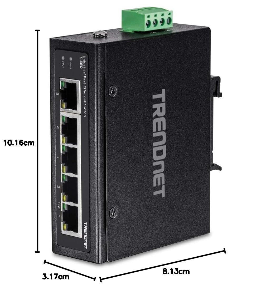 TRENDnet, TI-E50, Switch Industrial DIN-Rail Fast Ethernet de 5 Puertos, clasificación IP50, Rango de Temperatura Extrema, Capacidad de conmutación de 1 Gbps