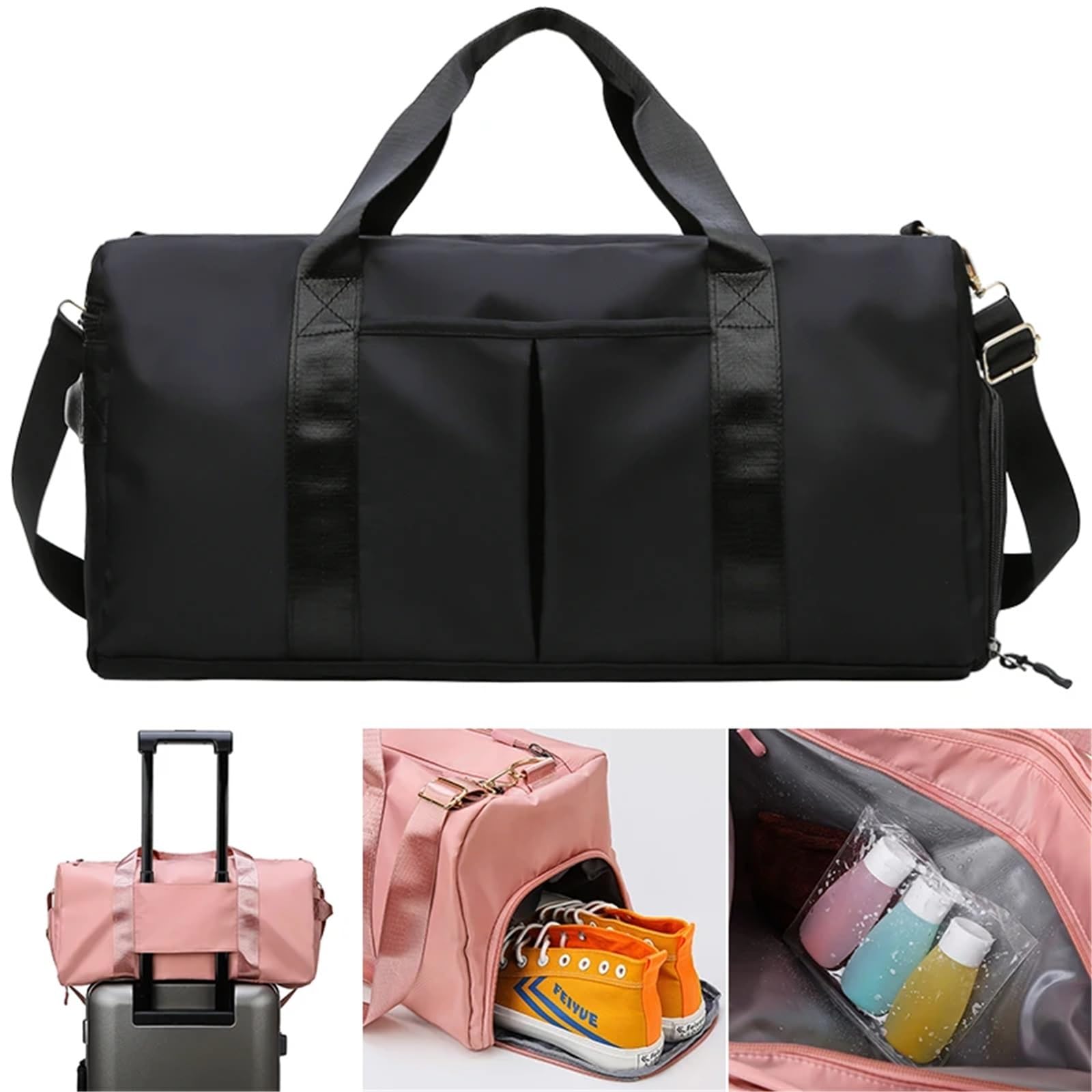 Borsa da palestra Uomo Donna Allenamento Fitness Nuoto Viaggio Bagagli Borsa Yoga Borsa a tracolla Scarpe Conservazione Impermeabile Separazione bagnata(Black)
