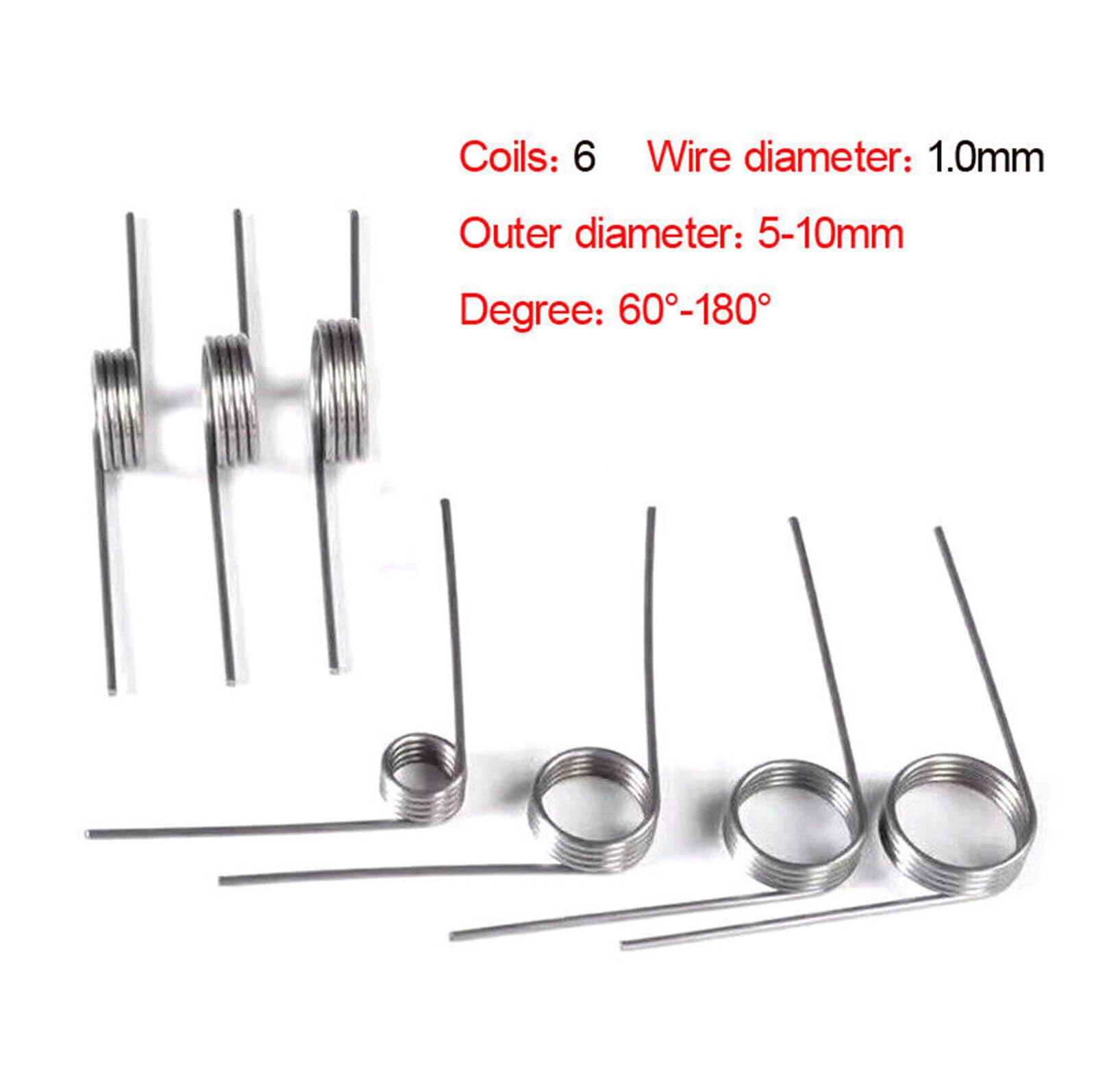 6Coils 1.0mm Wire Dia.Strong Small Torsion Spring Clamp Spring OD 5-10mm 60-180° Pack of 10 (10,1.0x6x6x 180°)