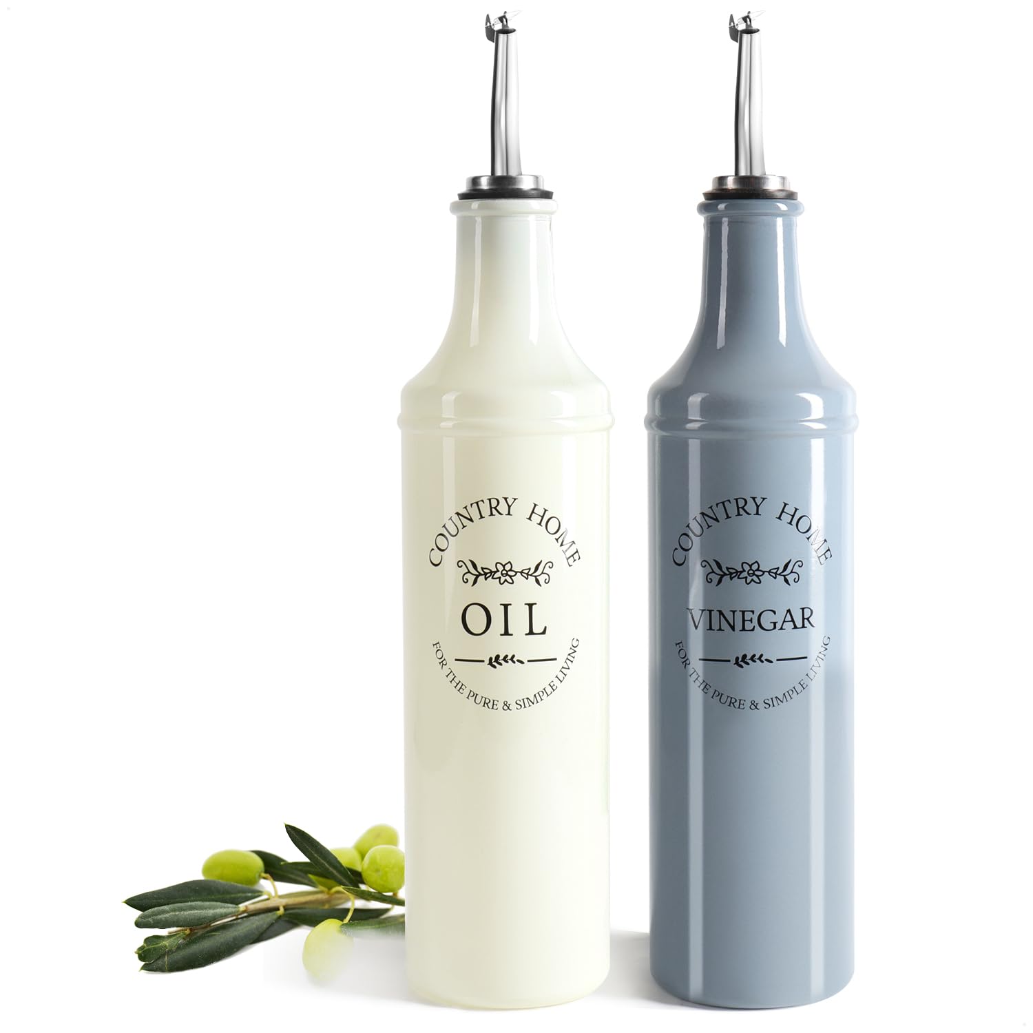 com-four® 2-piece bottle set for oil and vinegar - colored glass bottles with stainless steel spout, flap and ventilation tube - vinegar and oil dispenser (2 parts - bottles)