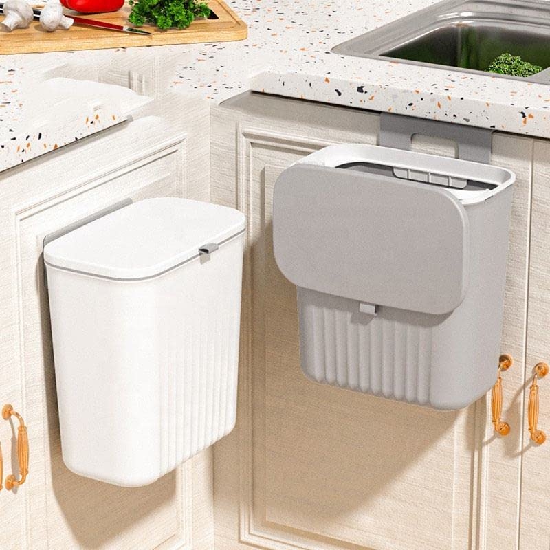 GNEY Plastic Small Hanging Kitchen Trash Can,Folding Wall Mounted Mini Open-Top Waste Bin For Kitchen Cabinet Door/Bedroom/Bathroom,Trash Bag Storage Box