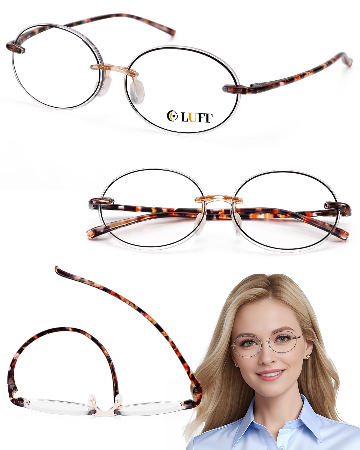 LUFF Reading Glasses for Women Men,3Pack Stylish Reader Glasses Blue Light Rimless Computer Reader Lightweight Anti Eyestrain