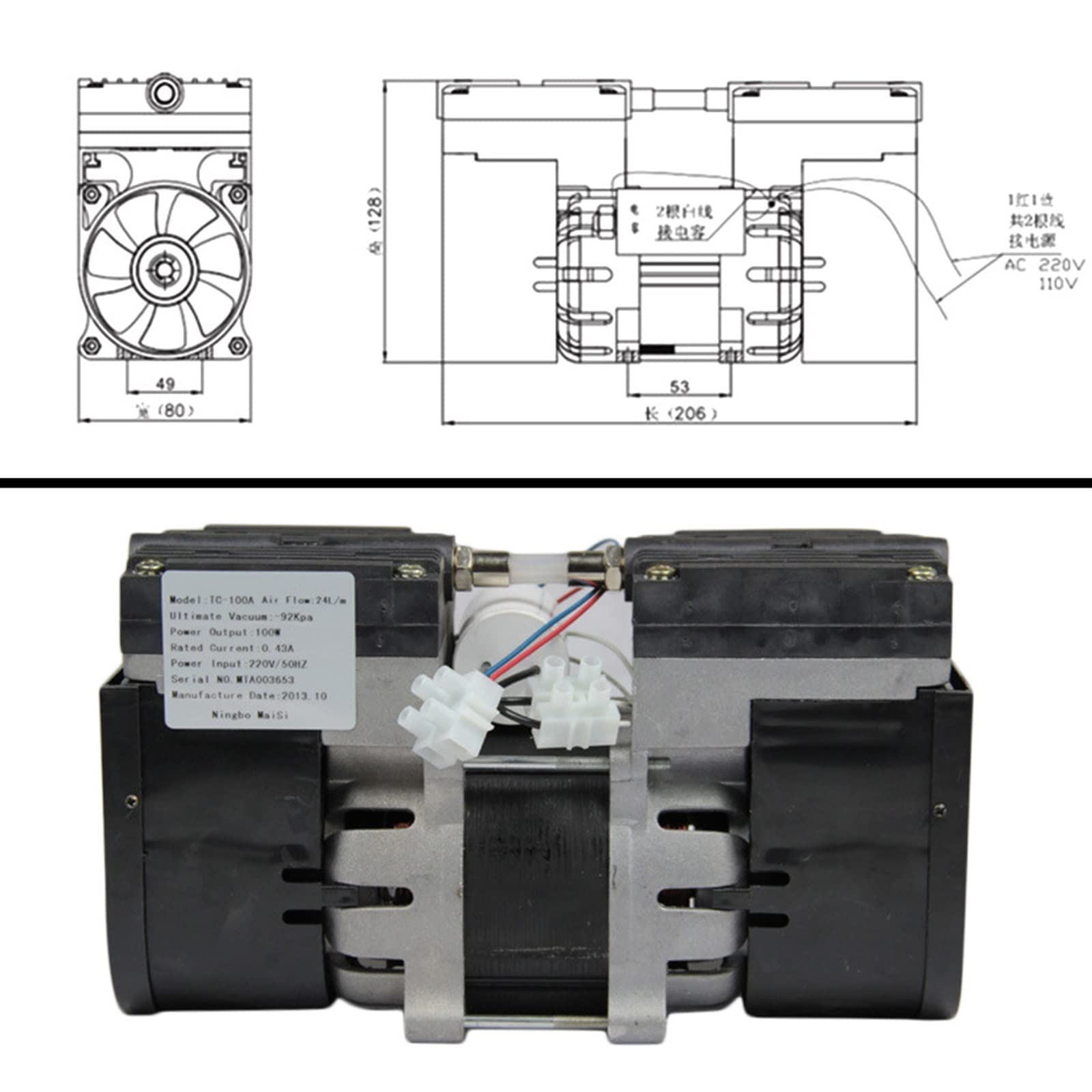 Mikro-Vakuumpumpe Doppelkopf Oilless Membran-Vakuumpumpe 100W 60HZ 24L/MIN 30L/MIN for medizinische Spezialanwendungen Flüssigkeitsdosierung(24Lmin 1400rpm)